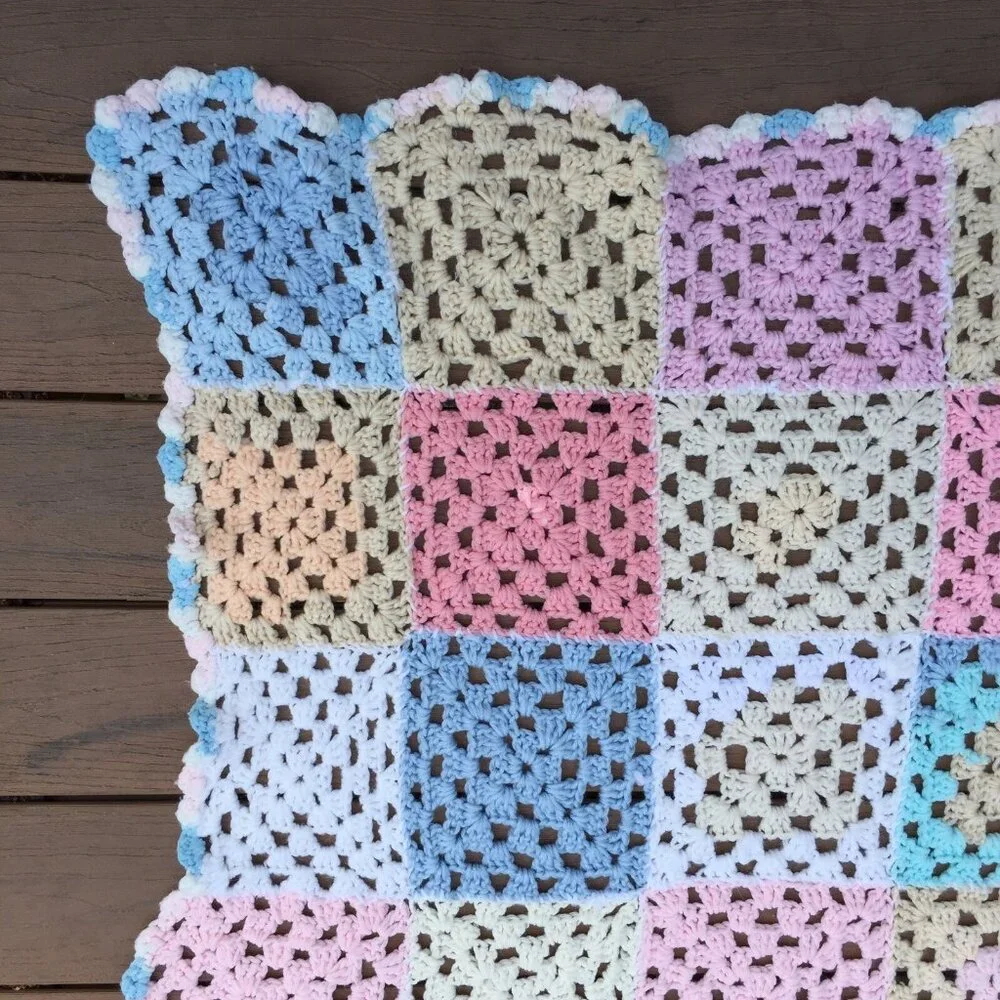 Crochet Knit Afghan Throw Blanket Granny Square Pastels Baby Pink Blue Sofa Cozy